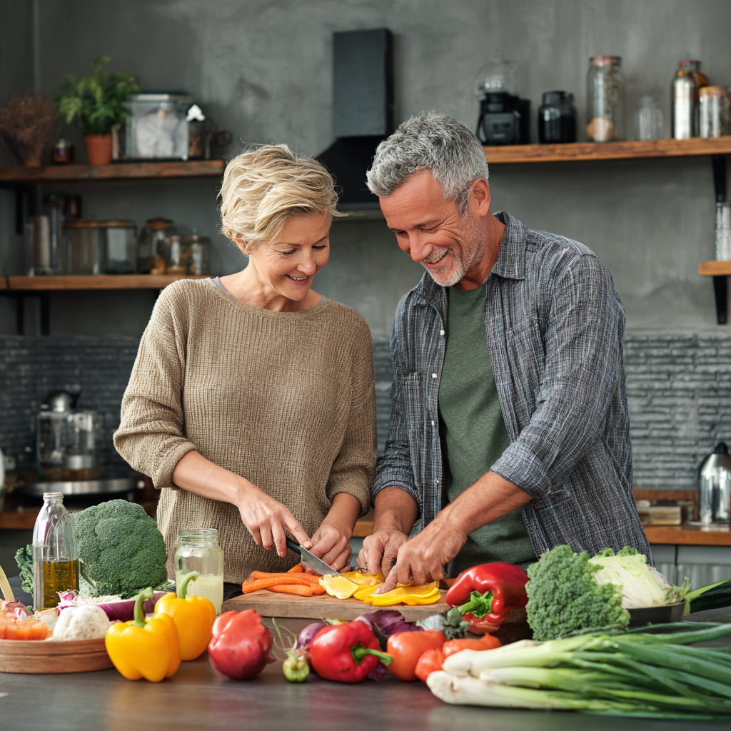 50 years old couple preparing colorful healthy meal in modern kitchen