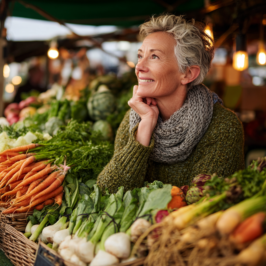 51 years old woman enjoying fresh vegetables at farmers market