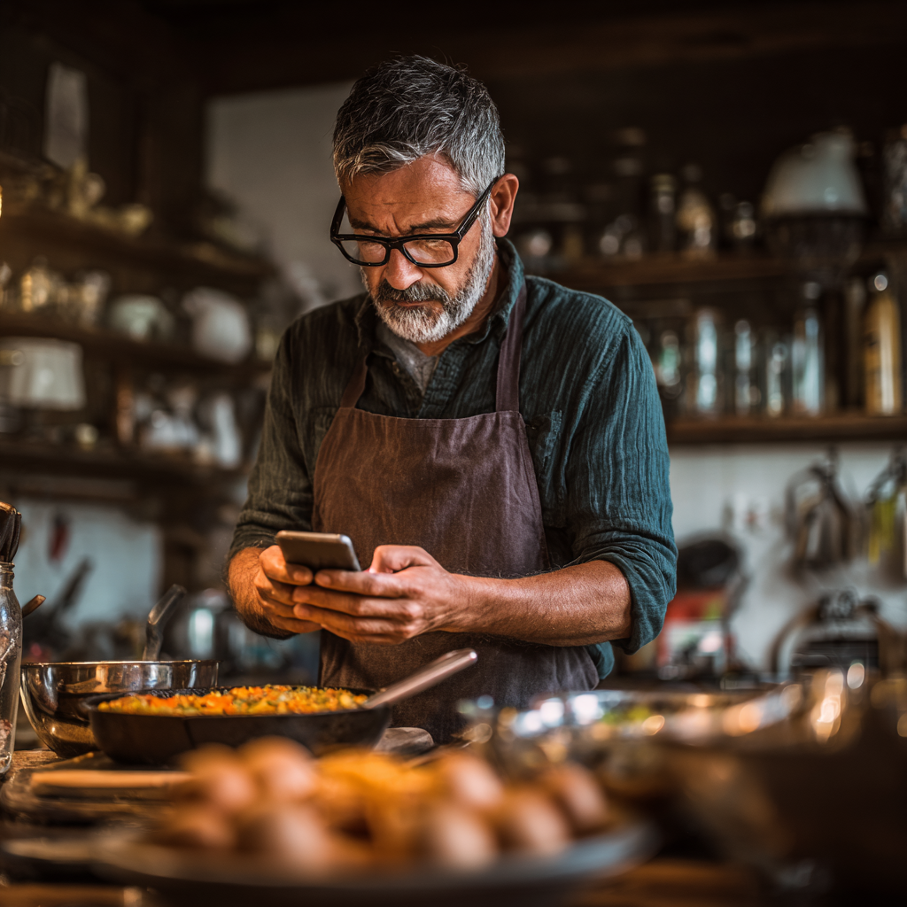 52 years old man cooking with smartphone showing velkondesh app interface